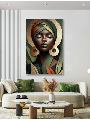 SML Tablo Yeşil Makyajlı Etnik Başlıklı Kadın Gold Aksesuar Altın Detay Dekor Dikey Kanvas Tablo
