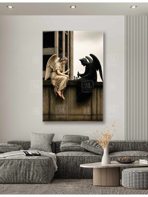 SML Tablo Duvarın Üzeirnde Satranç Oynayan Melek ve Şeytan Chess Oyun Dikey Kanvas Tablo