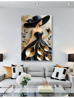 SML Tablo Eteklerinde Altın Çiçekli Şiyah Şapkalı Asil Kadın Kırmızı Ruj Gold Çiçek Dikey Kanvas Tablo