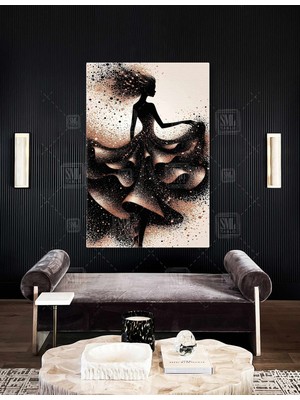 SML Tablo Rose Gold Pırıltılı Etekli Elbise Zarif Kadın Silüeti Işıltılı Saçlar Dikey Kanvas Tablo