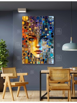SML Tablo Yeşil Gözlü Kadın Renkli Daireler Gold Detaylı Dekor Geometrik Dekor Dikey Kanvas Tablo