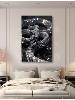 SML Tablo Pırlanta Derili Yılan Pırıltılı Siyah Piton Elmas Black Diamond Snake Dikey Kanvas Tablo