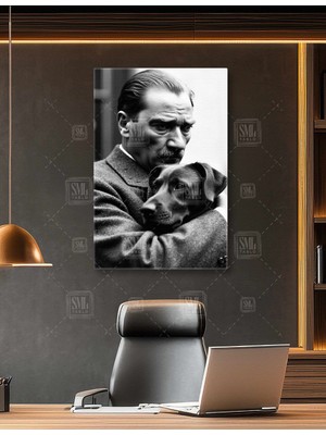 SML Tablo Mustafa Kemal Atatürk ve Köpeği Foks Ata ve Hayvan Sevgisi Dikey Kanvas Tablo