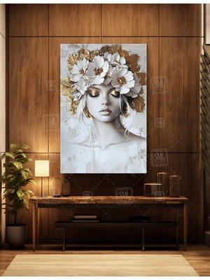 SML Tablo Beyaz Büyük Çiçek Kafalı Kadın Altın Yapraklar Gold Makyaj Lüks Dekor Dikey Kanvas Tablo