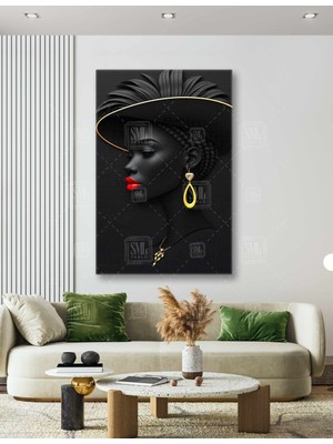 SML Tablo Siyah Fötr Şapkalı Kadın Kırmızı Ruj Altın Takı Gold Afrikan Woman Dikey Kanvas Tablo