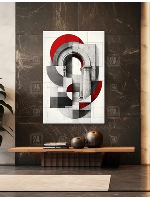 SML Tablo Tarihi Kemer ve Sütunlar Kırmızı Detaylı Daireler Modern Dekor Mimari Dikey Kanvas Tablo