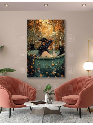 SML Tablo Kazanın Içinde Banyo Yapan Cadı Kız Siyah Kediler Orman Cadısı Pırıltılar Dikey Kanvas Tablo