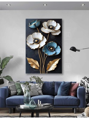 SML Tablo Altın Yapraklı Mavi ve Beyaz Gelincik Gold Detaylı Lüks Dekor Dikey Kanvas Tablo
