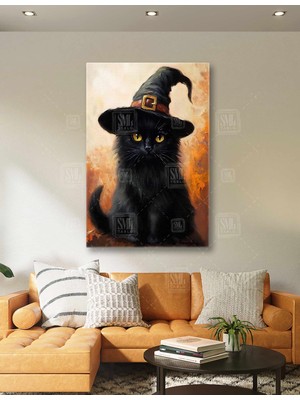 SML Tablo Cadı Şapkalı Siyah Kedi Salem Kara Kedi Black Cat Witch Dikey Kanvas Tablo