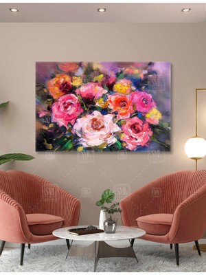 SML Tablo Pembe Gül Buketi Taze Çiçek Flower Nature Doğa Dekor Yatay Kanvas Tablo