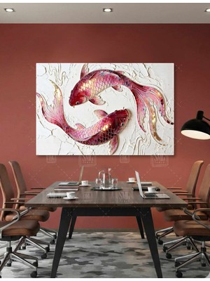 SML Tablo Altın Işıltılı Pembe Koi Balıkları Çift Balık Romantik Dekor Koi Fish Yatay Kanvas Tablo