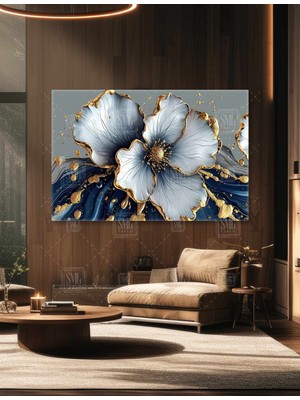 SML Tablo Altın Detaylı Beyaz Mavi Büyük Çiçek Gold Parıltılı Çiçek Lüks Dekor Yatay Kanvas Tablo