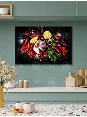 SML Tablo Sarımsak Maydonoz Kırmızı Biber Limon ve Baharatlar Mutfak Restaurant Dekor Yatay Kanvas Tablo