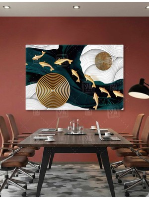 SML Tablo Yüzen Altın Balıklar Gold Daireler Su Akıntı Modern Lüks Dekor Yatay Kanvas Tablo
