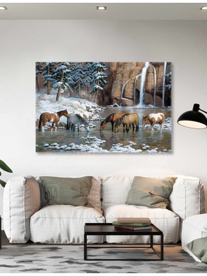 SML Tablo Gölde Su Içen At Sürüsü Karlı Orman Dağdan Akan Şelale Doğa Dekor Yatay Kanvas Tablo