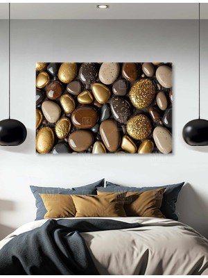 SML Tablo Gold Pırıltılı Bej ve Kahverengi Sahil Islak Kumsal Taşları Modern Dekor Yatay Kanvas Tablo