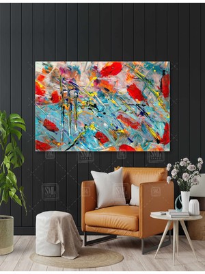 SML Tablo Renkli Soyut Kırmızı Fırça Izleri Abstract  Sarı Boya Sıçramaları Modern Dekor Yatay Kanvas Tablo
