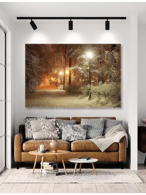 SML Tablo Gece Şehir Işıkları Karlı Sokak Cadde Karlı Ağaçlar Kış Winter Yatay Kanvas Tablo