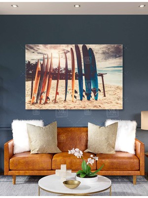SML Tablo Sahil Kum Renkli Sörf Tahtaları Tatil Dalga Surf Board Yaz Summer Yatay Kanvas Tablo