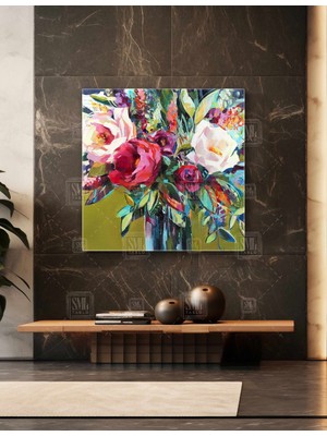SML Tablo Vazoda Koyu Pembe ve Beyaz Şakayık Çiçek Buketi Kare Kanvas Tablo