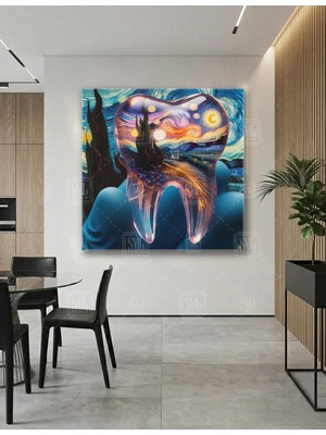 SML Tablo Şeffaf Diş Yıldızlı Gece Tablosu Van Gogh Dişçi Dekor Diş Hekimi Kare Kanvas Tablo