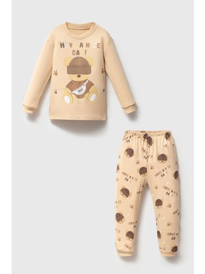 Mahfel %100 Pamuklu Sapkalı Ayı Baskılı Bebek&çocuk Pijama Takımı Krem