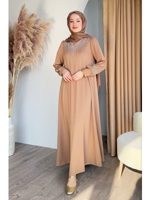 inStyle Taşlı Incili Camel Scuba Elbise