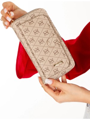 Newish Polo Kadın Deri Desenli Telefon Kağıt Para Bölmeli Kartlık ve Cüzdan NEWPOLO213 - Bej