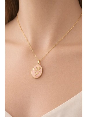 Melisa Takı & Aksesuar 316L Çelik Gold Renk Alya Açılır Resimli Pembe Çiçekli Kolye