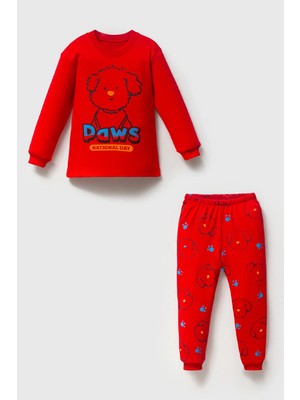 Mahfel %100 Pamuklu Paws Baskılı Bebek&çocuk Pijama Takımı Kırmızı