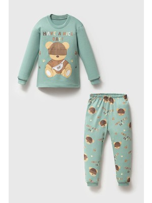 Mahfel %100 Pamuklu Sapkalı Ayı Baskılı Bebek&çocuk Pijama Takımı Yeşil