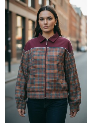Mandala Tekstil Kadın Kareli Çok Renkli Cepli Bomber Ceket
