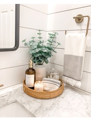 Rattan Bambu Hasır Düz Yuvarlak Tepsi Banyo Makyaj Mutfak Organizer & Geniş Dekoratif Düzenleyici