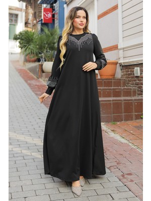 inStyle Taşlı Incili Siyah Scuba Elbise