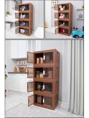 Piev Özgen Istiflenebilir Çok Amaçlı Tekerlekli Kapaklı 4 Lü Mutfak Banyo Ev Düzenleyici Cappuccino