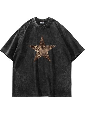 Sekizbiraltı Starz Leopar Baskılı Oversize Siyah T-Shirt %98 Pamuk Kısa Kol Basic Stil