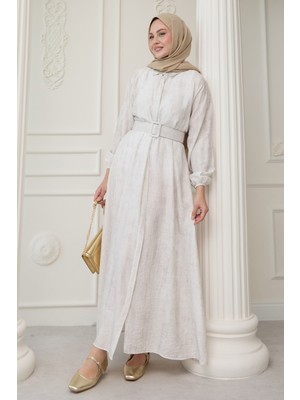 inStyle Gömlek Yaka Kemerli Düz Ekru Elbise