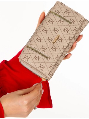 Newish Polo Kadın Deri Desenli Telefon Kağıt Para Bölmeli Kartlık ve Cüzdan NEWPOLO214 -Bej