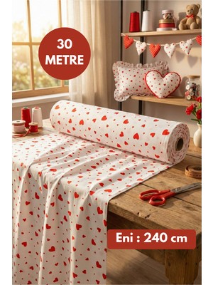 Morlay 30 Metre Pamuk Kırmızı Kalpli Poplin Kumaş En: 240 cm Nevresim, Çarşaf, Yastık Kılıfı, Elb
