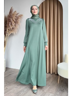 inStyle Taşlı Incili Mint Yeşili Scuba Elbise