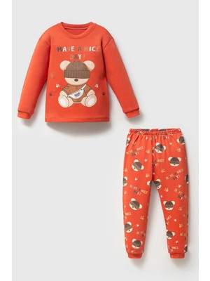 Mahfel %100 Pamuklu Sapkalı Ayı Baskılı Bebek&çocuk Pijama Takımı Kırmızı