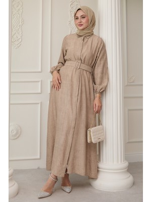 inStyle Gömlek Yaka Kemerli Düz Bej Elbise