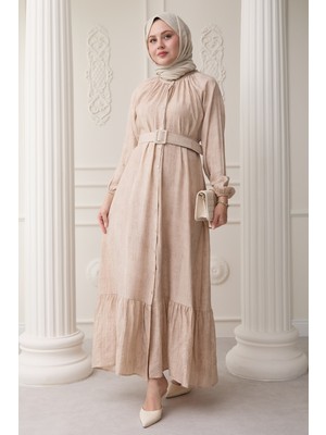 inStyle Hakim Yaka Çilek Desen Bej Elbise