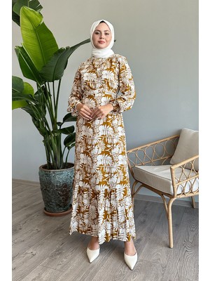 inStyle Palmiye Desen Yağ Yeşili Viskon Elbise