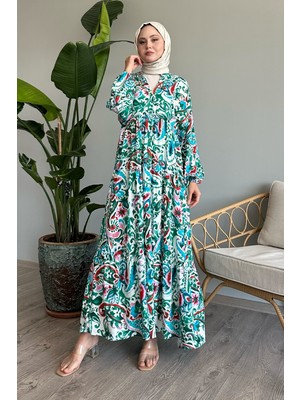 inStyle Renkli Şal Desen Zümrüt Viskon Elbise