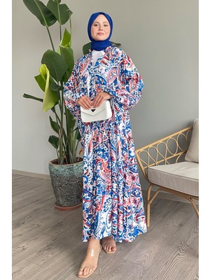 inStyle Renkli Şal Desen Mavi Viskon Elbise