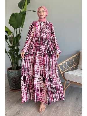 inStyle Batik Ebruli Fuşya Viskon Elbise