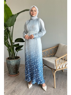 inStyle Etek ve Kolu Desen Bebe Mavisi Saten Elbise