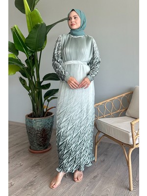 inStyle Etek ve Kolu Desen Mint Saten Elbise