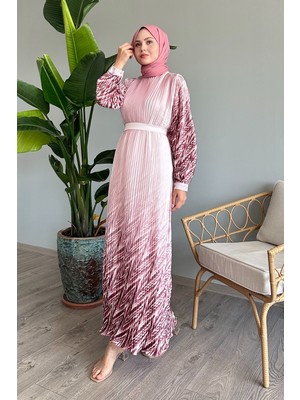 inStyle Etek ve Kolu Desen Pudra Saten Elbise